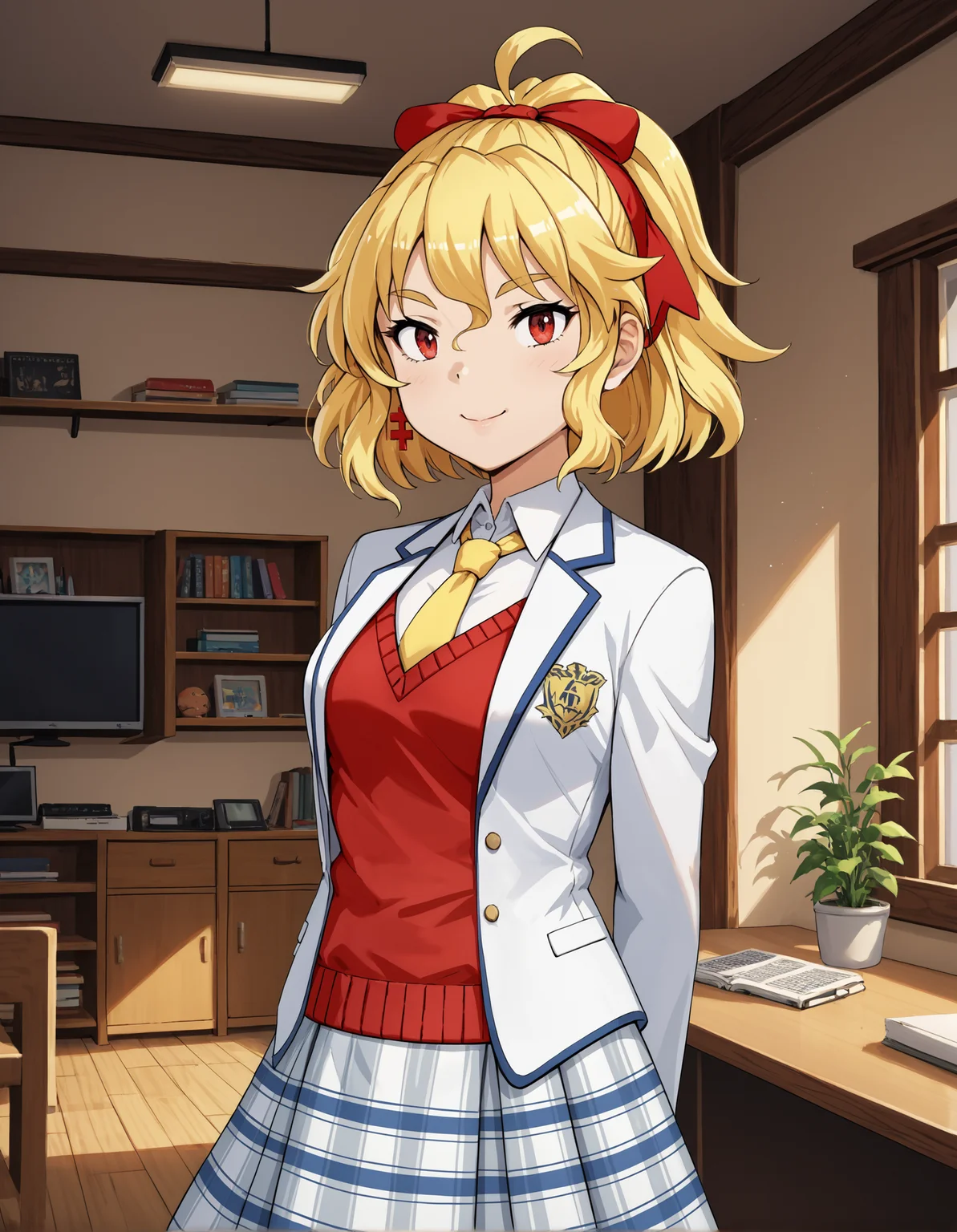 score_9, score_8_up, source_anime, 1girl, upper body, medium shot, detailed, pmmmelisaceljska, elisapbc, blonde hair, ahoge, red eyes, red hairband, single earring, white shirt, yellow tie, (red sweater:0.85), white unbuttoned blazer, white checkered skirt, hands behind back, light smile, indoors, room, (side view:0.6), <lora:pmmmelisaceljska_XL:0.9>