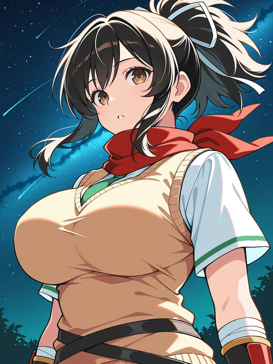 masterpiece, best quality, amazing quality, by [diyokama|say hana|lam]
(solo:1.4), Asuka_IL, brown eyes, black hair, ponytail, white hair ribbon, large breasts, red scarf, asuka_shinobi_outfit, beige sweater vest, green necktie under sweater, white shirt with short sleeves, green stripe piping, forearm guards, bandages under forearm guards
night, floating hair, sky, night sky, outdoors, star \(sky\), upper body, starry sky, newest, absurdres, highres, very awa
<lora:SK_Asuka_IL:0.8>