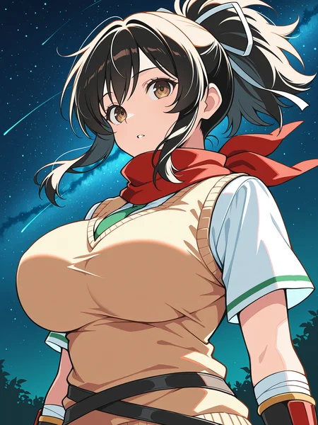masterpiece, best quality, amazing quality, by [diyokama|say hana|lam]
(solo:1.4), Asuka_IL, brown eyes, black hair, ponytail, white hair ribbon, large breasts, red scarf, asuka_shinobi_outfit, beige sweater vest, green necktie under sweater, white shirt with short sleeves, green stripe piping, forearm guards, bandages under forearm guards
night, floating hair, sky, night sky, outdoors, star \(sky\), upper body, starry sky, newest, absurdres, highres, very awa
<lora:SK_Asuka_IL:0.8>