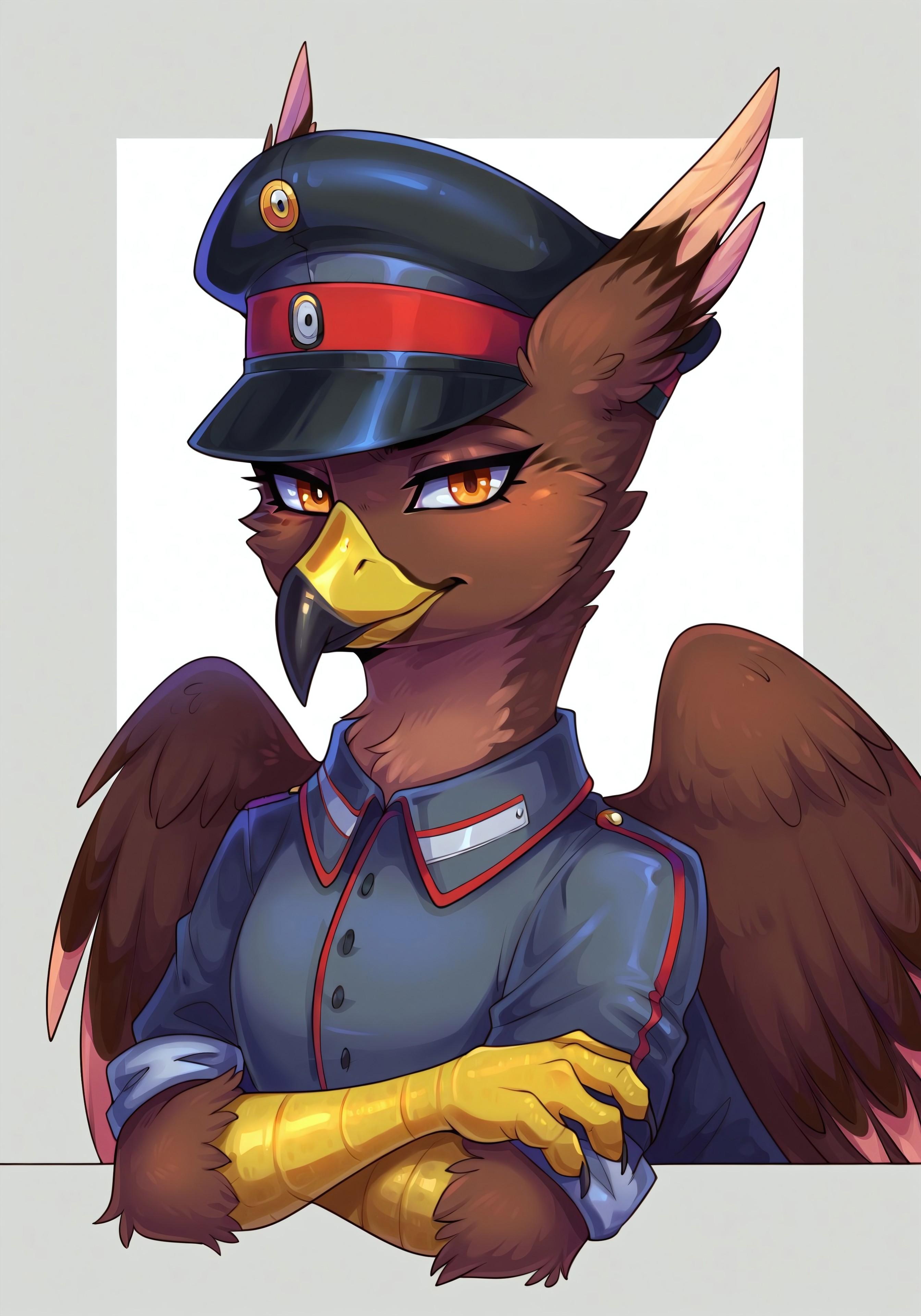 masterpiece, score_9_up, score_8_up, score_7_up, score_6_up, (best quality:1.1), ultra-detailed, high resolution, solo BREAK Anthon Kaufmann, female griffon, feral, avian, brown feathers, orange eyes, yellow beak, black beak tip, sly expression, smirk, looking at viewer, tail, hawk-like, wings BREAK military, peaked cap, military uniform BREAK portrait, (abstract background:1.3), highly visible, sharp focus, anatomically correct