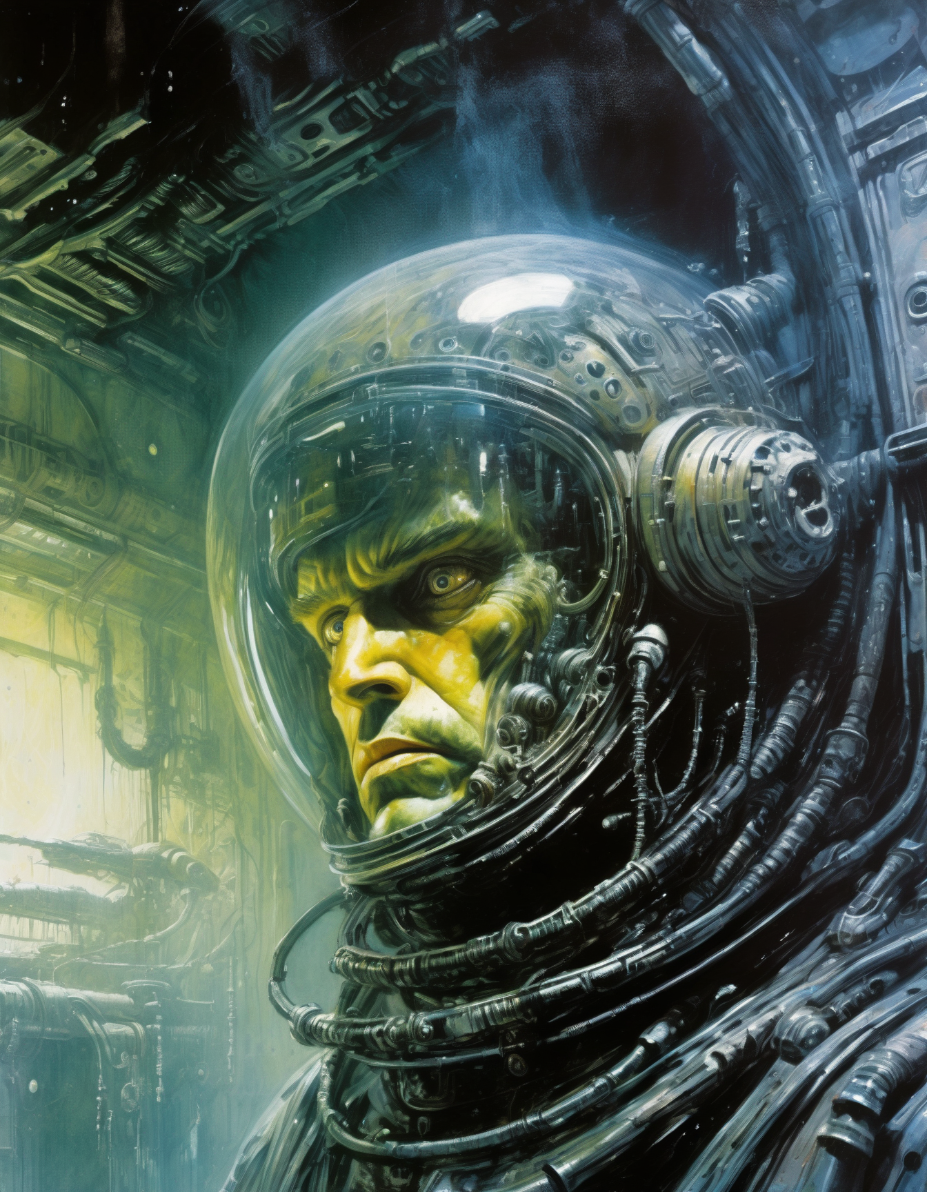 "Close-up, front-facing view of a scavenger, his face reflecting horror, within the chilling confines of a derelict space station. Sharp contrasts, lavishly intricate, drawing from H.R. Giger", surrealism, weird and pissed off, oil on canvas, dry brush, <lora:John Berkey Style:0.9>, John Berkey Style