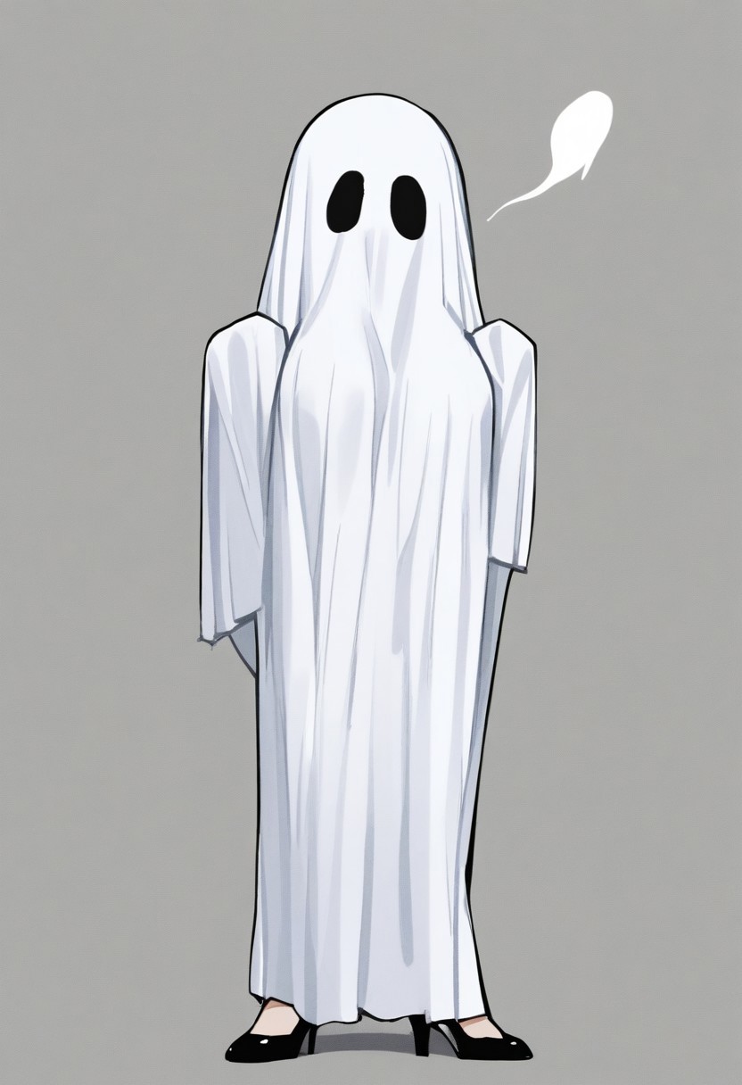 5H33TGH05T, sheet_ghost, 1girl, fishnets, high_heels, covering_face, ghost_costume