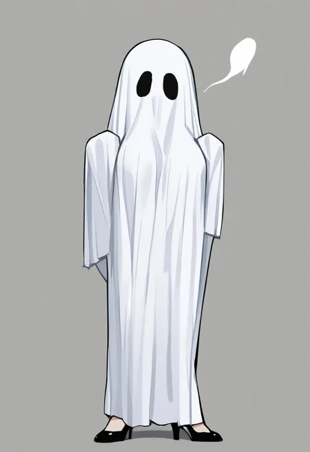 5H33TGH05T, sheet_ghost, 1girl, fishnets, high_heels, covering_face, ghost_costume