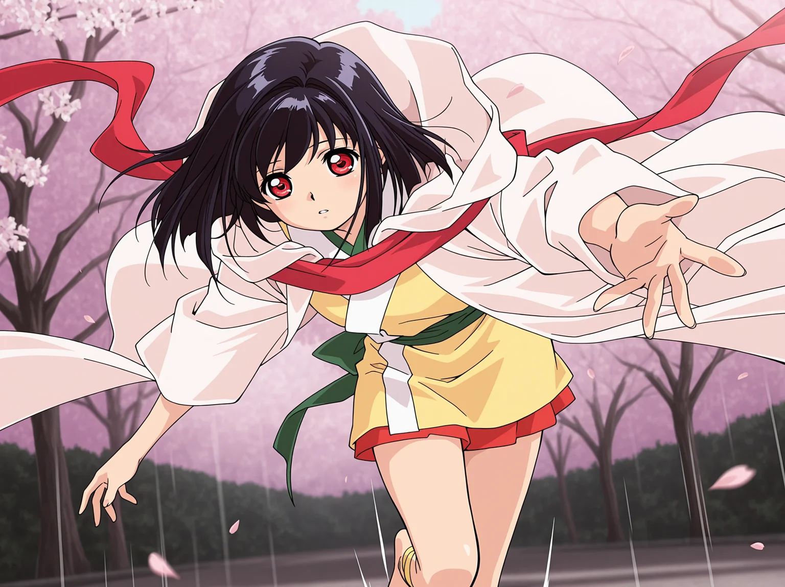 absurdres,highres,masterpiece,best quality,amazing quality,official anime artwork,outdoors,
anime screencap,(KHYS2003 \(style\):1),skinny,
1girl,solo,
(Volumetric Lighting,Cinematic Lighting),
spring \(season\),cherry blossoms,falling petals,floating hair,
upper body,dynamic pose,motion lines,motion blur,
leaning forward,close-up,parted lips,reaching towards viewer,
BREAK <lora:Vampire_Princess_Yui_illuV01_b3g2plw08plw00c1wd05_d32a16_lr800s2_rvs:1>,
Yui_Senyasyo,black hair,medium hair,red eyes,white hooded robe,yellow short kimono,white lapels,red scarf,hood down,long sleeves,wide sleeves,green sash,sash under robe,red petticoat,yellow leg ribbon,barefoot,