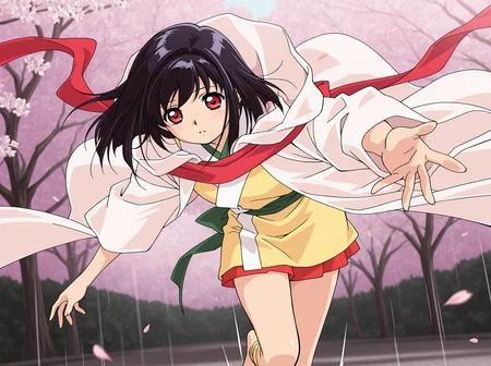 absurdres,highres,masterpiece,best quality,amazing quality,official anime artwork,outdoors,
anime screencap,(KHYS2003 \(style\):1),skinny,
1girl,solo,
(Volumetric Lighting,Cinematic Lighting),
spring \(season\),cherry blossoms,falling petals,floating hair,
upper body,dynamic pose,motion lines,motion blur,
leaning forward,close-up,parted lips,reaching towards viewer,
BREAK <lora:Vampire_Princess_Yui_illuV01_b3g2plw08plw00c1wd05_d32a16_lr800s2_rvs:1>,
Yui_Senyasyo,black hair,medium hair,red eyes,white hooded robe,yellow short kimono,white lapels,red scarf,hood down,long sleeves,wide sleeves,green sash,sash under robe,red petticoat,yellow leg ribbon,barefoot,