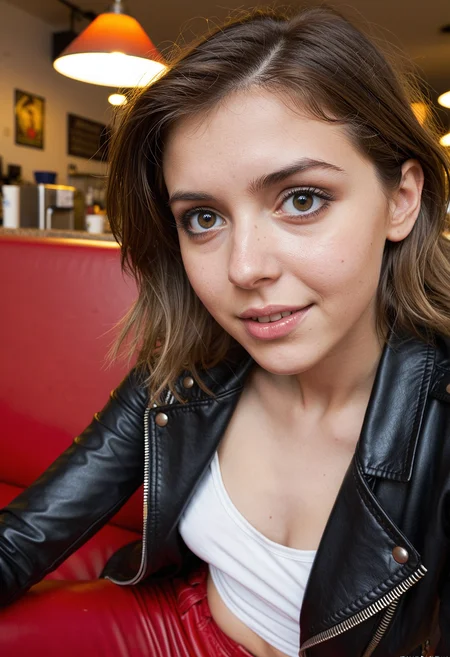 embedding:SDXLposXL embedding:Thora-Zheen Thora Zheen escaped the asylum and is relaxing in a warmly lit coffee shop. She's wearing a white top, a black short leather jacket and red pants. Her hair is loose. She looks at the camera happy. F1.4