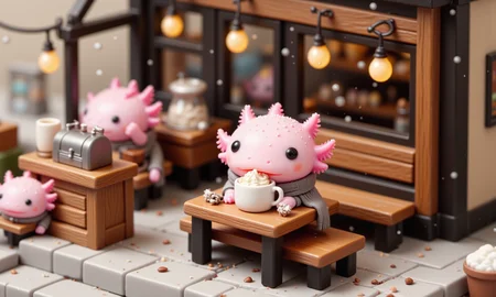 top down tilt shift image of tiny cute anthropomorphized axolotls with pink frilly gills and round black eyes, high-angle view of a pink axolotl at a tiny coffee shopâs outdoor patio, bundled up in a tiny scarf and sipping from a miniature cup of hot cocoa with whipped cream; its frilly gills perk up as it enjoys the warmth, while snowflakes fall softly around it; the outdoor patio features a small table and string lights overhead, and the tilt-shift effect blurs the snowy background of surrounding trees and buildings, capturing a cozy winter coffee moment in enchanting detail<lora:Axomodel_Flux_V2.safetensors:1.0:1.0> <lora:isometric.safetensors:1:1>