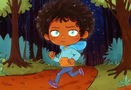 max (camp camp), cartoon theme, max (camp camp), 1boy, solo, human, male focus, curly black hair, curly tousled black hair, afro, dark skin, orange skin, dark-skinned male, large eyes, round eyes, green eyes,small nose, triangular nose, pointed nose, anoyed face, running, blue hood, blue pants, small body, young boy, chibi, dark forest, night