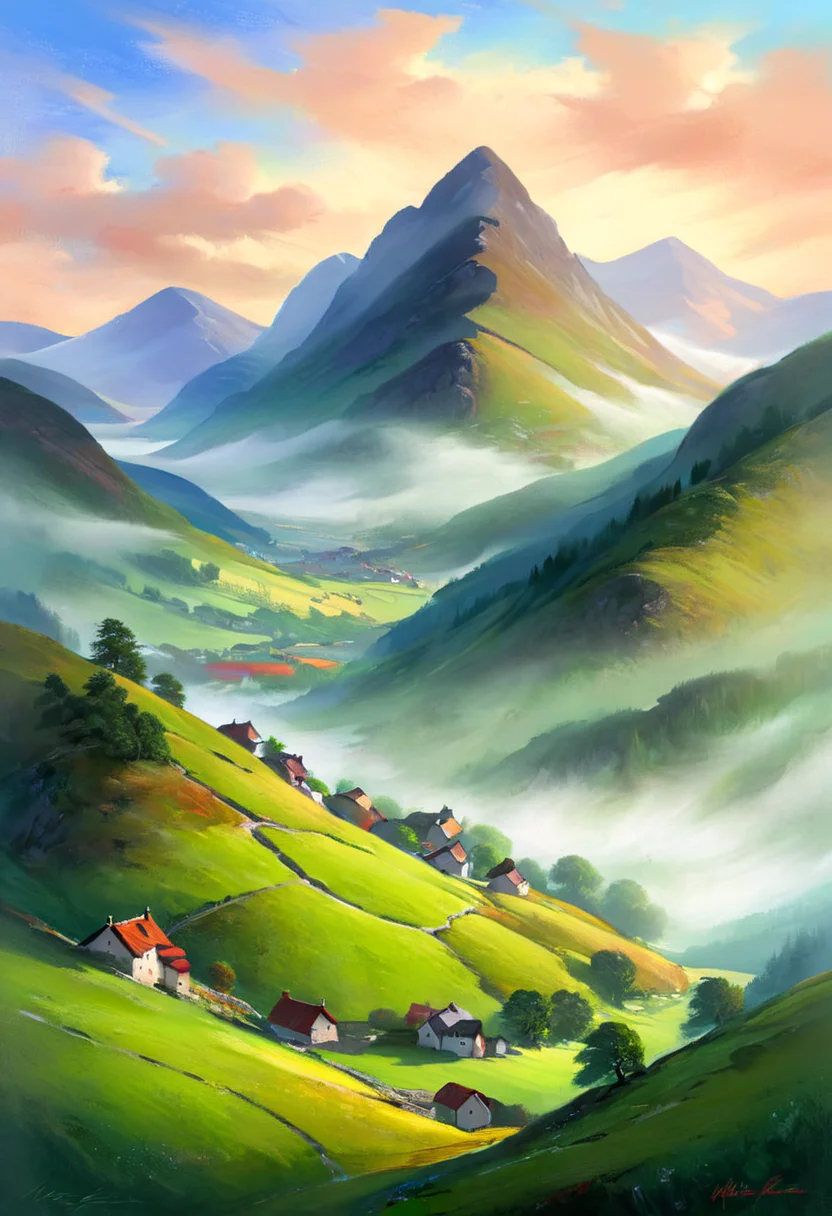 (masterpiece), (best quality), The Misty Highlands background, <lora:Mary_GrandPré_Art_Style XL:1>, masterful composition, dynamic movement