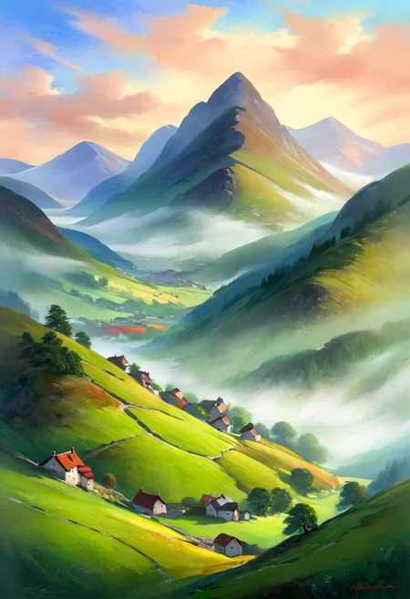 (masterpiece), (best quality), The Misty Highlands background, <lora:Mary_GrandPré_Art_Style XL:1>, masterful composition, dynamic movement