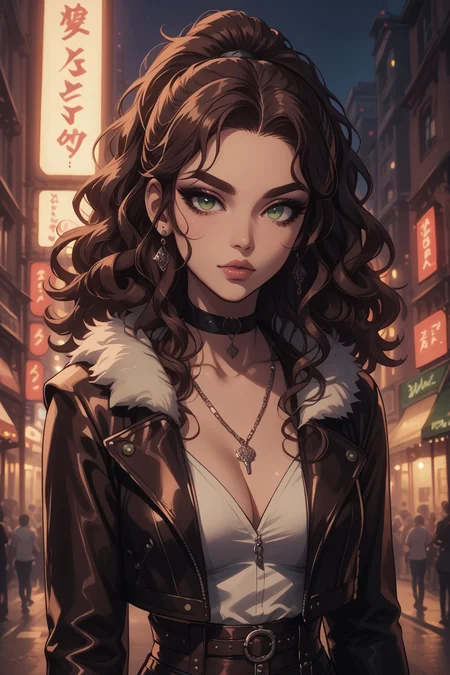 <lora:add-detail-xl:3> score_9,score_8_up,score_7_up,score_6_up, volumetric lighting, dynamic shading, 1woman, sexy, seductive, alluring, mature, thick eyebrows, thick eyeliner, dark eyeshadow, full lips, lips parted, huge breasts, looking at viewer,
BREAK
 <lora:Squall:1> squall, cropped leather jacket, fur trim, white halter top, lion necklace, black leather pants, two brown leather belts, ponytail, brown hair, high ponytail, wavy hair, green eyes, very long hair, jewelry, choker, 
BREAK
 <lora:GLSHS:0.8> GLSHS, partially illuminated