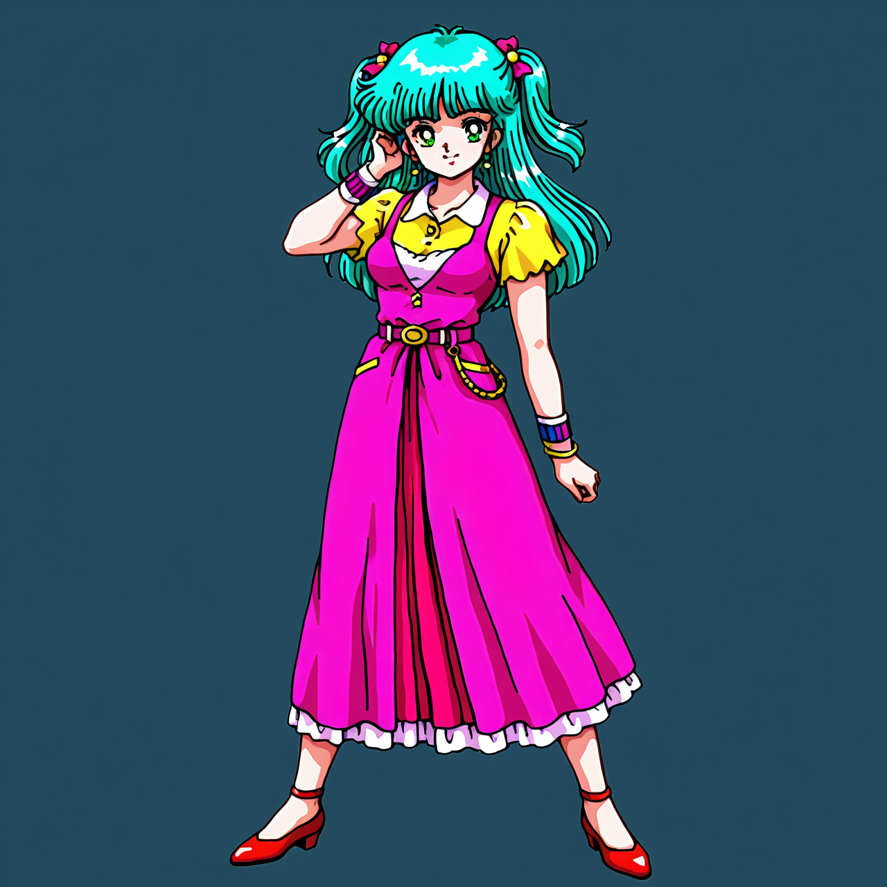 <lora:moto-girl-IL_v1:0.7>moto-girl, 1girl, 1980s(style), bangs, solo, green eyes, green heir, aqua hair, long hairt, two side up, belt, blunt bangs, looking at viewer, retro artstyle, BREAK
bow, BREAK
wristband, BREAK
medium breasts, BREAK
clothes, BREAK
hair ornament, BREAK
long skirt, wide skirt, BREAK
smile,
full body, standing,
beatuiful face, best quality,
no background,