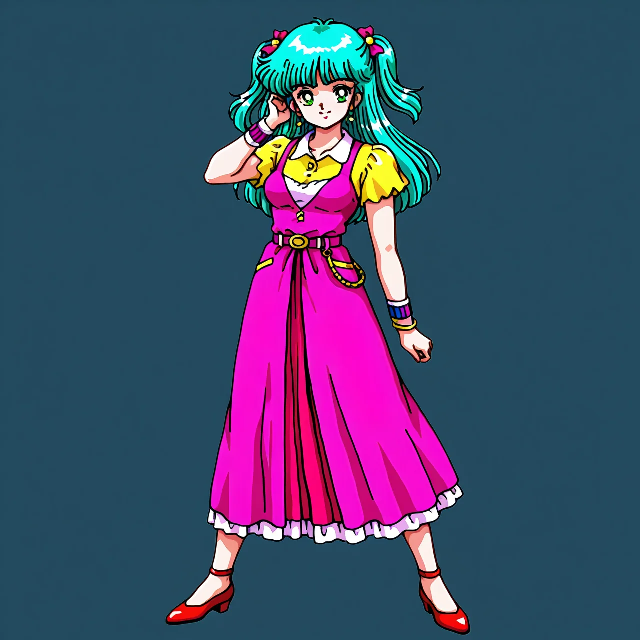 <lora:moto-girl-IL_v1:0.7>moto-girl, 1girl, 1980s(style), bangs, solo, green eyes, green heir, aqua hair, long hairt, two side up, belt, blunt bangs, looking at viewer, retro artstyle, BREAK
bow, BREAK
wristband, BREAK
medium breasts, BREAK
clothes, BREAK
hair ornament, BREAK
long skirt, wide skirt, BREAK
smile,
full body, standing,
beatuiful face, best quality,
no background,