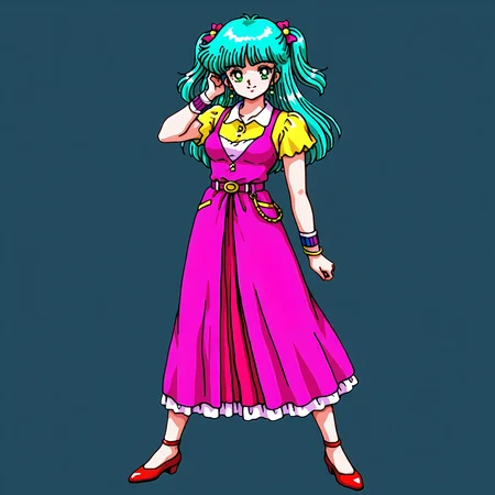<lora:moto-girl-IL_v1:0.7>moto-girl, 1girl, 1980s(style), bangs, solo, green eyes, green heir, aqua hair, long hairt, two side up, belt, blunt bangs, looking at viewer, retro artstyle, BREAK
bow, BREAK
wristband, BREAK
medium breasts, BREAK
clothes, BREAK
hair ornament, BREAK
long skirt, wide skirt, BREAK
smile,
full body, standing,
beatuiful face, best quality,
no background,