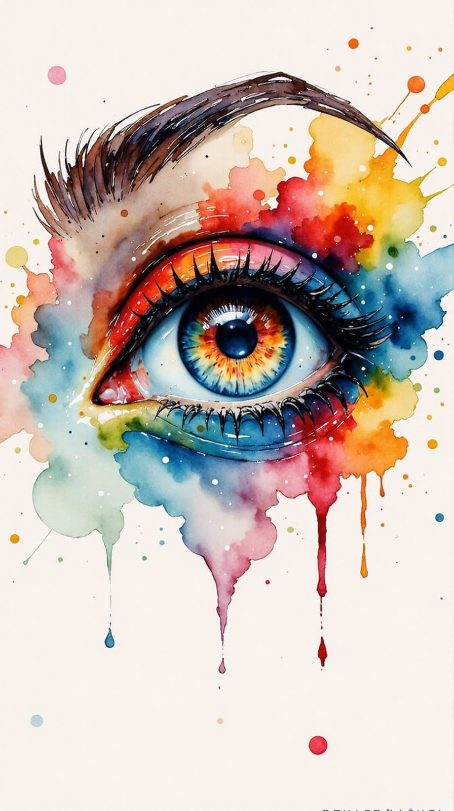 Jedwtclr, watercolor art, a close up of an eye with rainbow makeup ,  <lora:FluxWatercolor:1>