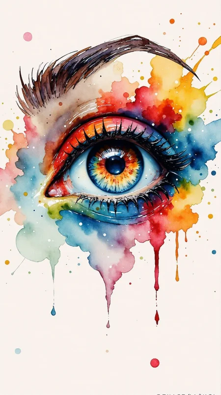 Jedwtclr, watercolor art, a close up of an eye with rainbow makeup , <lora:FluxWatercolor:1>