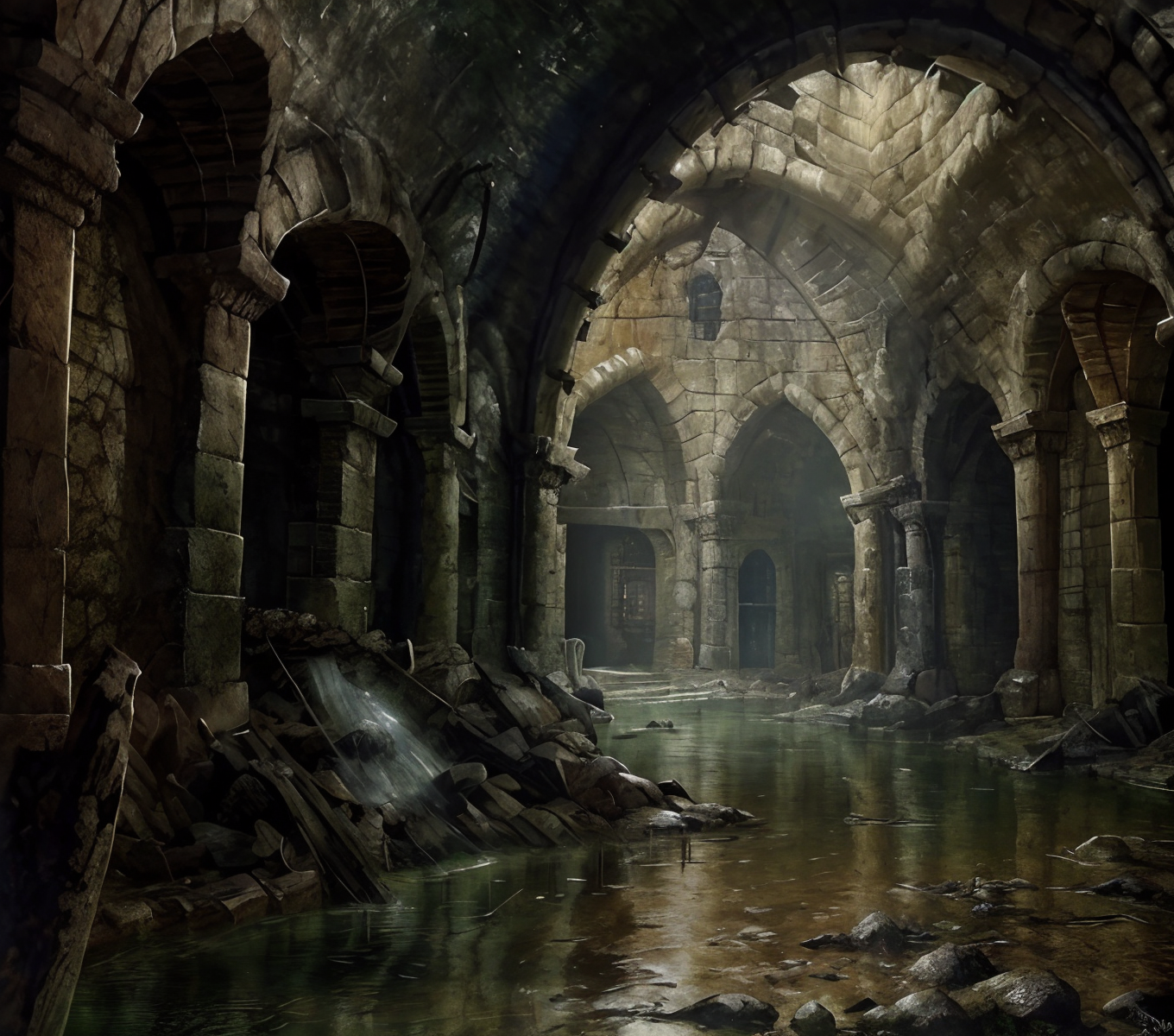 RAW photo, (masterpiece:1.3), subsurface scattering, heavy shadow, (high quality:1.4), (intricate, high detail:1.2), professional photography, HDR, High Dynamic Range, realistic, ultra realistic, photorealistic, high resolution, film photography, ambient lighting, atmospheric effects, <lora:detail_slider_v4:2>, OverallDetail, (dark), medieval fantasy sewer, staircase, water, <lora:Sewer:1>,