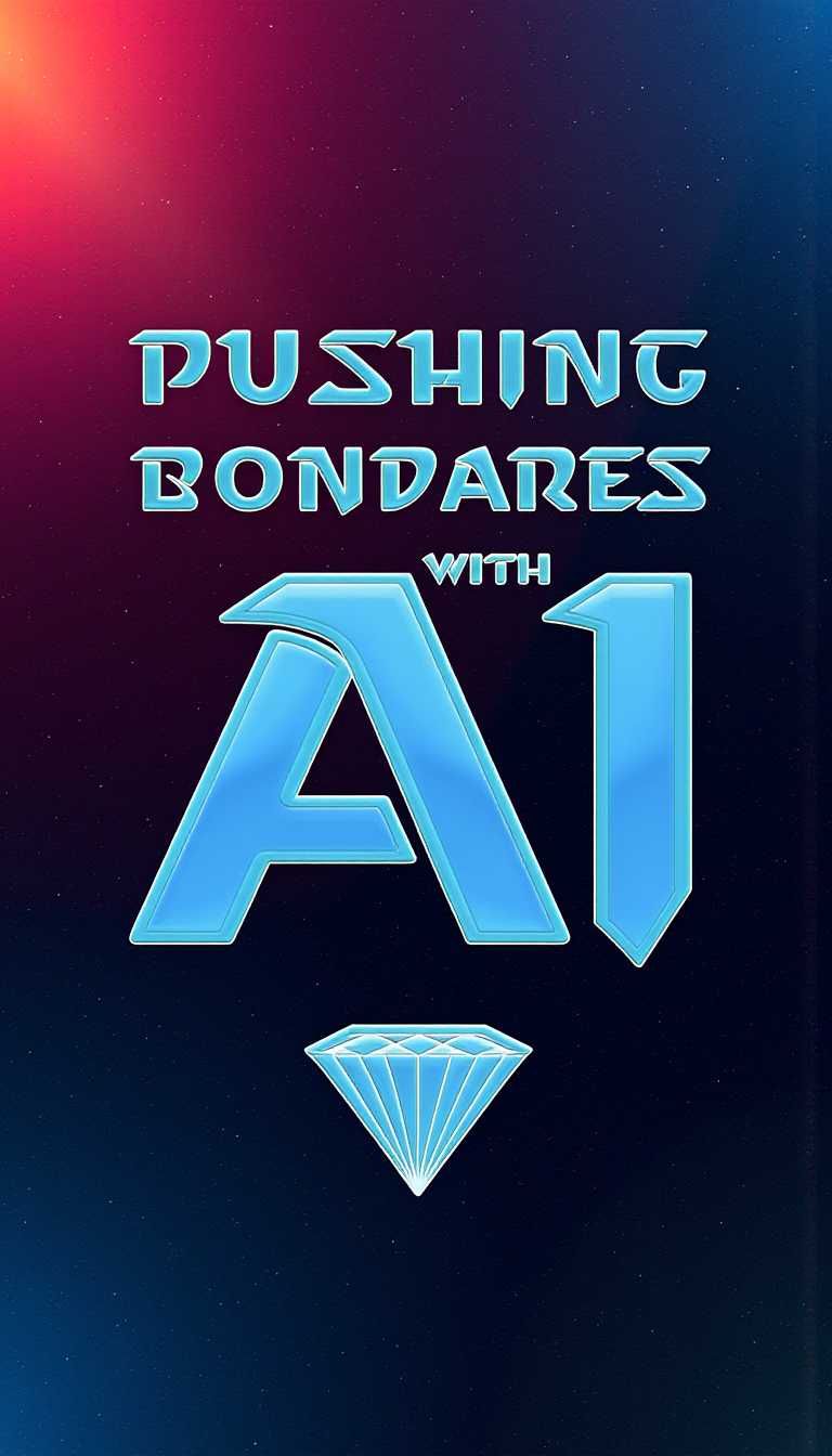 <lora:SC2Font:1>A SC2StyleFont text that says "Pushing boundaries with AI" in diamond letters, over a colorful abstract background. Under the text, draw an icon matching the text.