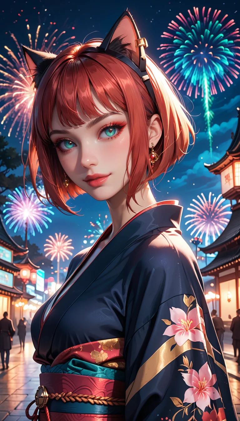 score_9, score_8_up, score_7_up, Cowboy Shot, girl, cute, seductive, innocent, light smile:0.3, plump lips, slender body, cat ears cyberpunk spy lord, kimono, bob hair, radiant color, pale turquoise and red hair, ghostly fantasy settlement in a Mudflat, night, fireworks background, 4n1v3rs3, depth of field, dynamic angle, fashion photography, sharp, hyperdetailed:1.15