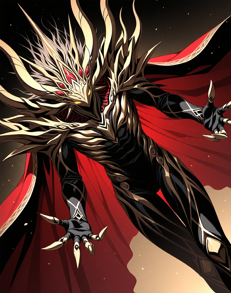 perfect depth of field shot, masterpiece, beautiful, sharp focus, crisp details, 
<lora:Zoalord_(Guyver)_(Illustrious)_(AD):1> Zoalord, Guyver, monster, 
((dynamic action, dynamic perspective, dutch angle, bent knee, cowboy shot, ):1.5), 
((red and and gold and black colored body, wearing a cape, detailed face and eyes, ):1.5), glowing eyes, solo, bioboosted body, biomechanical, end boss, perfect form, perfect proportions, abs, regal and strong, imposing, presence demands respect and deference, gradient style anime coloring,   
BREAK Smooth Quality, IllusP0s, lazyhand, lazympos, lazynsfw,