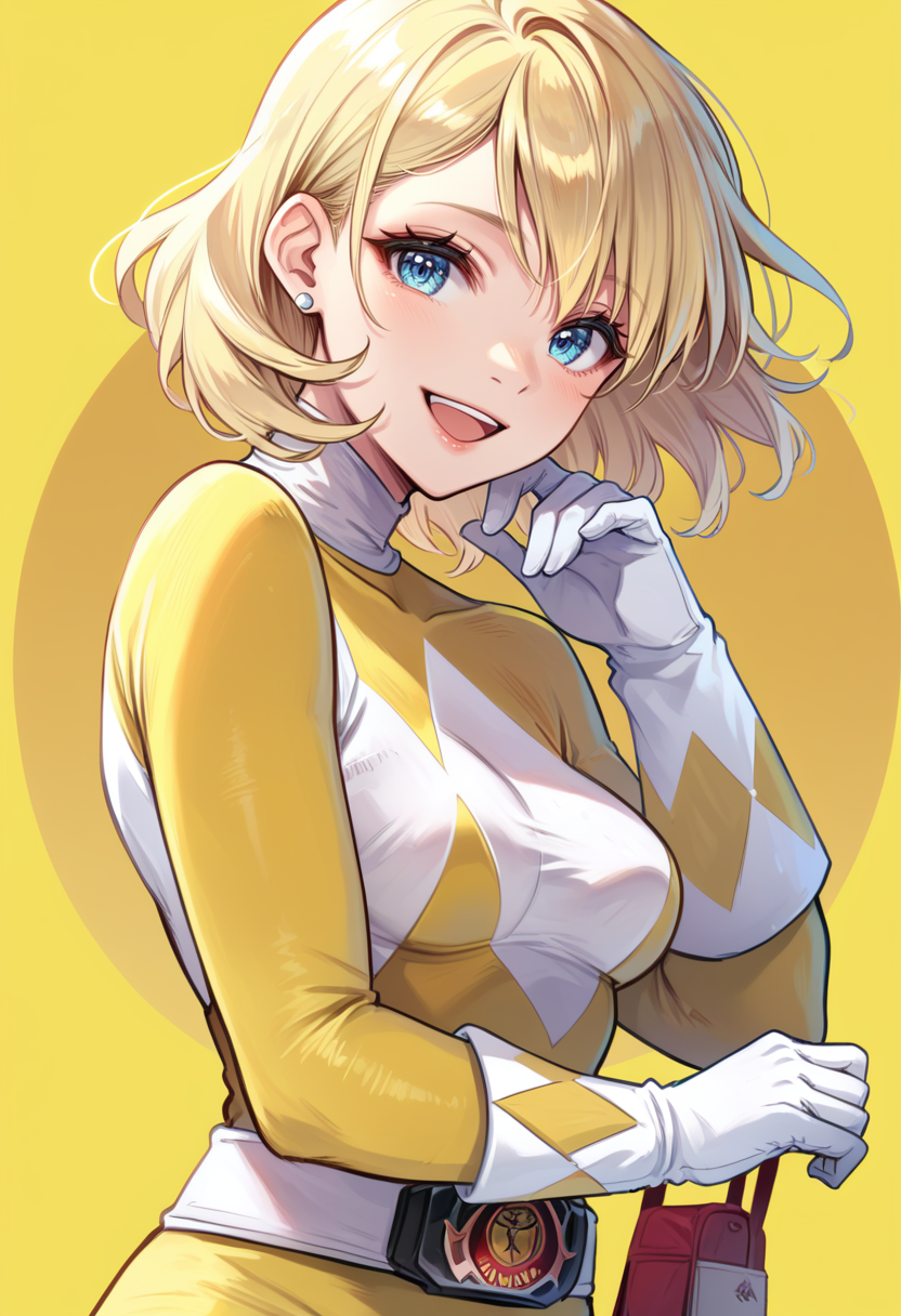 (score_9:0.9),score_8_up,score_7_up,rating_safe,anime style,(zPDXL),<lora:Yellow power rangerponyXL v1:0.83>,blonde hair,looking at viewer, yellow bodysuit,yellow power ranger,1girl,open mouth,solo,medium breasts,short hair,white gloves, smile