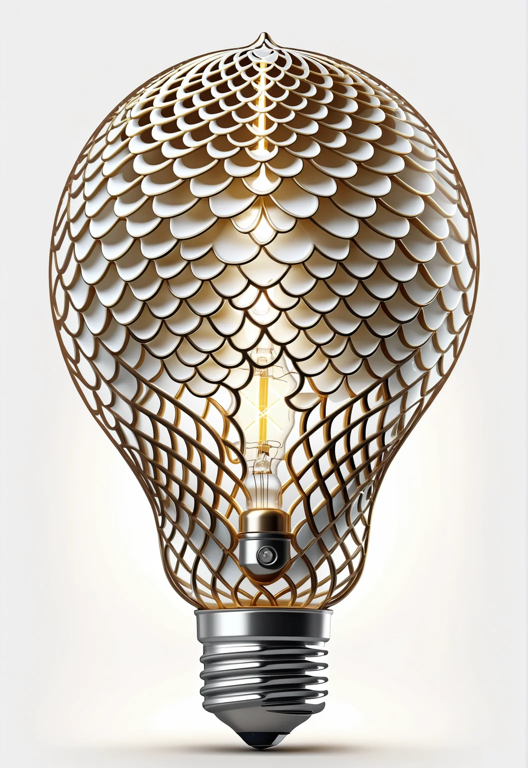 lightbulb made of filigree scales with [yellow filament : lightbulb with [yellow filament : lightbulb : 6] : 4] inside, creative logo, no outline, vector, white background, 3D render, hyper realistic
<lora:dvrscls:0.8> dvrscls