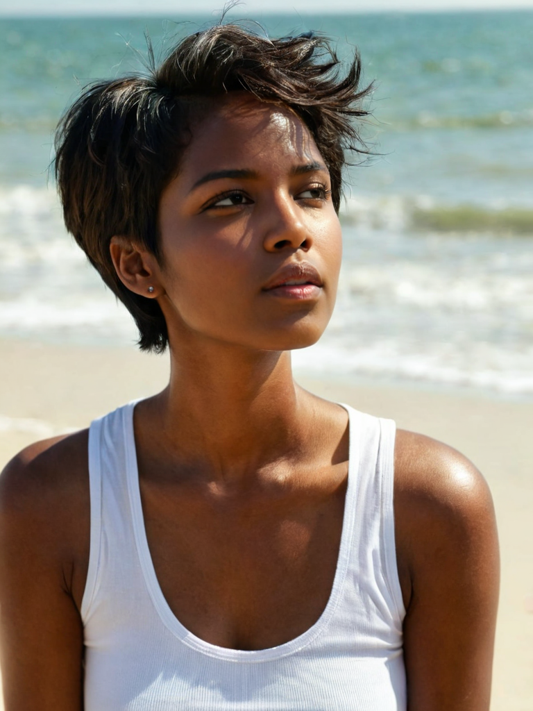 woman, indian, dreaming, (looking away:1.7), surprised<lora:A_SHort_Cut_v3_SDXL:1.5>(short hair:1.5), (tomboy hair:1.5), dark skin, on the beach, white shirt, (sunny day),