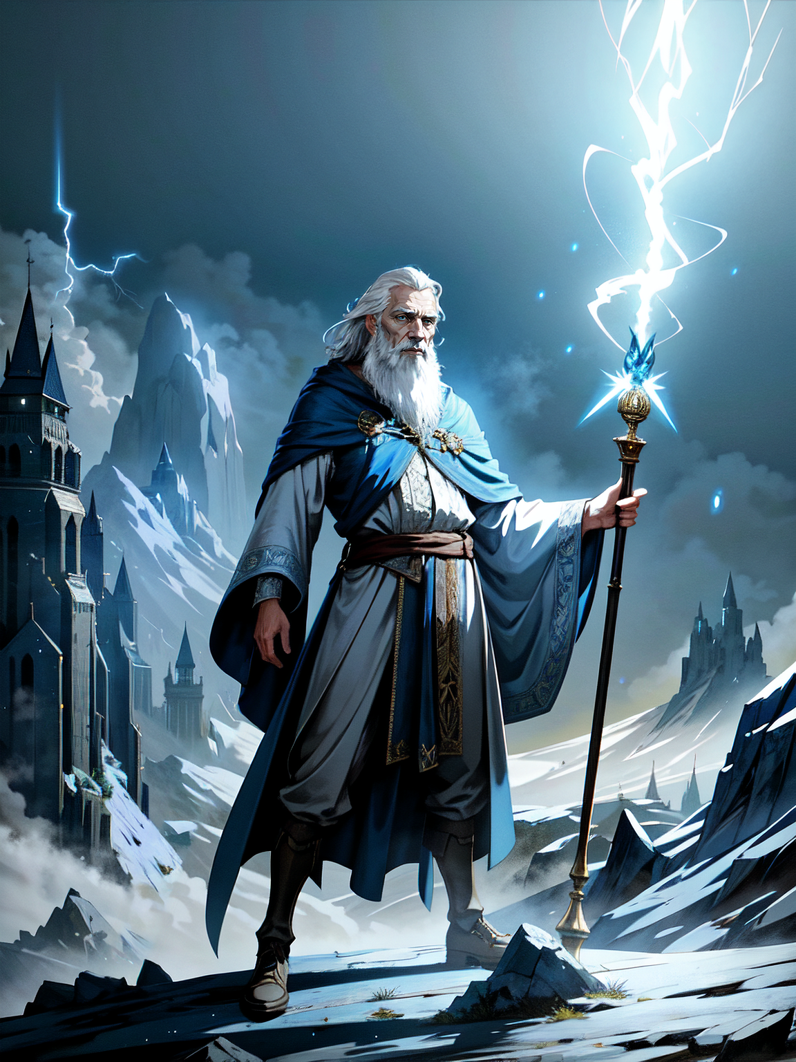 full body of (one) brittish old man, a wizard casting a (blue lightning bolt spell) from his hands, from the top of a mountain, (at night), wearing white wizard (robes), long white beard, long white hair, dramatic pose,
detailed, intricate, (detailed fantasy background), dim lighting, volumetric lighting,
fantasy art style, best quality, hi-res, masterpiece, good anatomy, good composition, good proportions, good design, good pose, realistic background, realistic sky, cinematic, cinematic camera angle, dark fantasy illustration, detailed, intricate, (perfect lighting, perfect shading), subsurface scattering, photorealistic, solo, oil painting style, (mature adult:1.5),
<lora:add_detail:0.15> <lora:fantasyV1.1:0.25> <lora:muscle_slider_v1:-1.5>