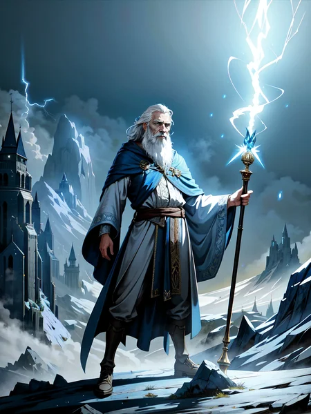full body of (one) brittish old man, a wizard casting a (blue lightning bolt spell) from his hands, from the top of a mountain, (at night), wearing white wizard (robes), long white beard, long white hair, dramatic pose,
detailed, intricate, (detailed fantasy background), dim lighting, volumetric lighting,
fantasy art style, best quality, hi-res, masterpiece, good anatomy, good composition, good proportions, good design, good pose, realistic background, realistic sky, cinematic, cinematic camera angle, dark fantasy illustration, detailed, intricate, (perfect lighting, perfect shading), subsurface scattering, photorealistic, solo, oil painting style, (mature adult:1.5),
<lora:add_detail:0.15> <lora:fantasyV1.1:0.25> <lora:muscle_slider_v1:-1.5>
