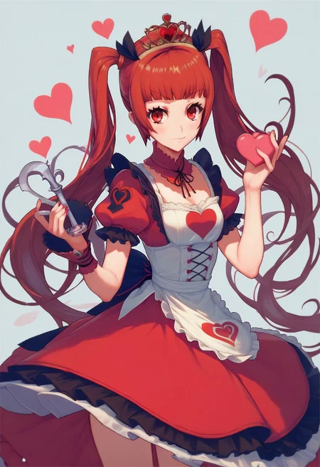 score_9, score_8_up, score_7_up, 1girl, A young woman, alice in wonderland style, ami_arakawa as the red queen,twintails,cute,queen of hearts,evil queen from alice in wonderland