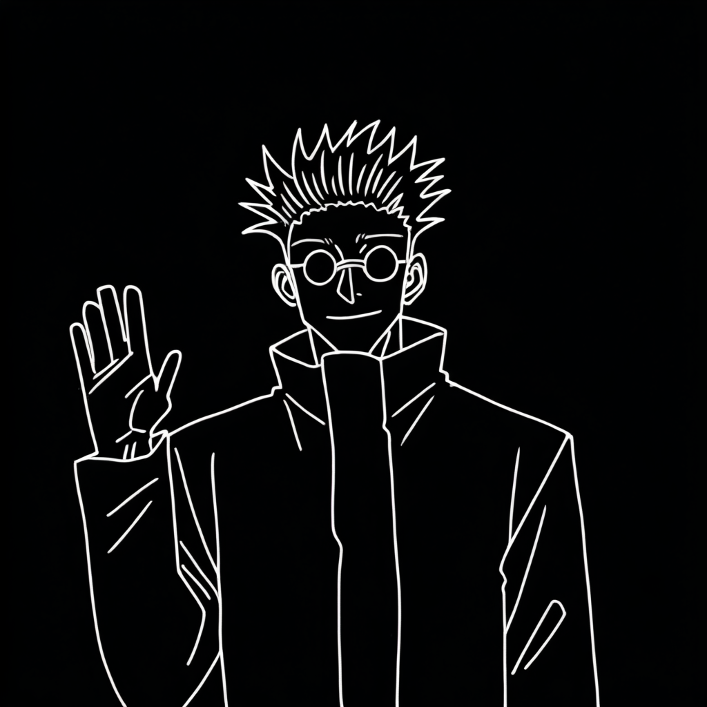 blwlinart, 1boy, monochrome, greyscale, black background, gojou satoru, jacket, long sleeves, sunglasses, rimless eyewear, waving arm, <lora:black_white_potrait_lineart:1.2>