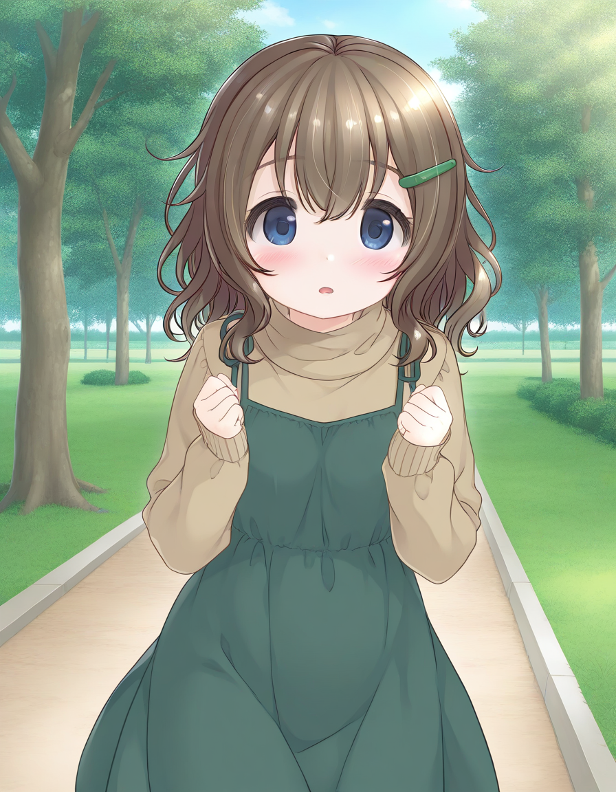 general,highres, ultra-detailed,very aesthetic,best quality ,best hands,  BREAK <lora:Fukami_Nonoka_IS:1> FukamiNonoka, 1girl,solo, bangs, medium hair, brown hair, hairclip, blue eyes, 
solo, blush, dress, looking at viewer, long sleeves, parted lips, hair between eyes, green dress, cowboy shot, clenched hands, turtleneck, sweater, hands up, sleeves past wrists, sleeveless dress, standing, open mouth, wavy hair, long hair,
grass, spring, tree, sky,