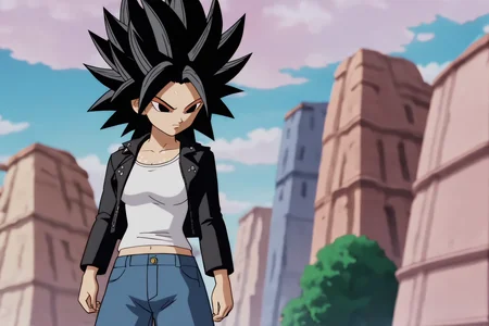 source_anime, score_9, score_8_up, score_7_up, anime screencap,8k, absurd res,
caulifla, black hair, black eyes, spiked hair, official style, 
leather jacket, white shirt, jeans, cowboy shot, 
city, blue sky, dappled sunlight, street, 
<lora:caulifla_pony_v2:0.8>