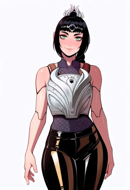 best quality, amazing quality, very aesthetic, absurdres,
robotskin, cyborg, robot skin, android,
1girl, shadowheart, black hair, braided ponytail, tiara, green eyes, armor, leather pants,
solo, smile, looking at viewer, simple background, white background <lora:RobotSkinNoobXL_byKonan:1> <lora:ShadowHeartIllustrious_byKonan:0.8>