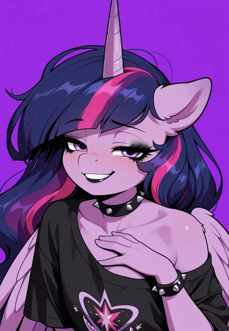 masterpiece, best quality, amazing quality, very aesthetic, absurdres, newest, solo. pony, mare, princess twilight 2, horn, wings, purple eyes, dark purple hair, long hair, spread_wings, simple_background, braclet_on_hoof, bracelet with spikes, wearing_t-shirt, t-shirt_folds, hair color stripes, black_color_stripes, messy_hair, black_lipstick, hoof_near_face, black_makeup, anthro, bare shoulder shirt, close_up, smug_face
