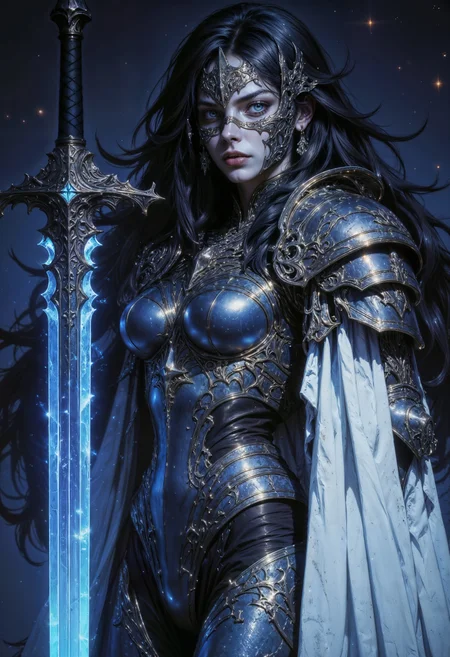 a dark fantasy character. The subject is a female warrior with a striking, almost ethereal appearance. She has long, flowing black hair that cascades around her shoulders, illuminated by a cool, bluish light that enhances the dramatic, otherworldly atmosphere. Her skin is pale, almost porcelain-like, and she has striking, intense blue eyes that seem to pierce through the darkness.
She is clad in a form-fitting, metallic armor that shimmers with a silver-blue hue, reflecting the ambient light. The armor covers her torso, arms, and legs, with intricate designs and textures that suggest a high level of craftsmanship. Over her armor, she wears a flowing white cape that adds to her regal and powerful presence. Her expression is stern and focused, with dark, bold lipstick adding to her commanding demeanor.
In her right hand, she grips a long, ornate sword with a glowing blade, which emits a faint blue light, matching the color scheme of her attire. The background is a dark, starry night sky, with faint stars scattered across the canvas, adding depth and a sense of mystery to the scene.
