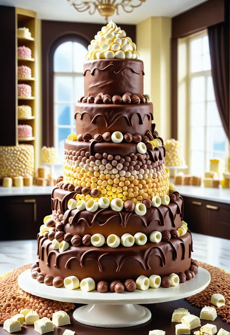 A masterpiece of a giant cake, Welsh (Male Falmer:1.2) , Ribbon, Kinetic Pointillism, immense, Jed-ChocoC, chocolate, cereals, <lora:last:0.7>, Jed-whtccae, <lora:WhiteChocoStyle-000005:0.6>, Jed-mrshmlw, <lora:MarshmallowStyle-000007:0.5>, Icing, stunningly beautiful background, masterpiece, positive emotions, perfect composition, dynamic composition, dynamic dramatic atmosphere, handsome, very coherent