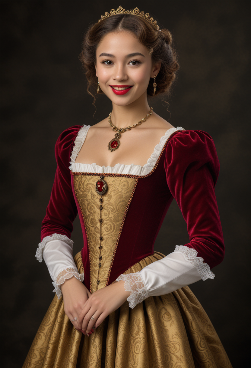 (medium full shot) of (dignified young woman from the tudor era), philippine, light skin, brown eyes, slim build, medium hazel curly down hair, wearing a rich gold casual dress with elegant details, ankle boots with buckles, rosy red lips, decorative brooch, velvet gloves,  set in the tudor era, in  , woman smiling, Masterpiece,best quality, photo, realistic, very aesthetic, detailed face,