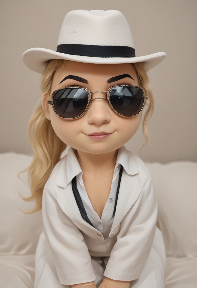 score_9, score_8_up, score_7_up, score_6_up, golden hour, plushystyle, fluffy, round, 1girl, solo, partierbetherz as a toy plushy,
partierbetherz, white fedora, blonde_hair, blonde ponytail, black_and_silver_aviators, sunglasses, white_blazer, black collared shirt, button up blouse, open collar, open_shirt, white_pants, smiling,
in bedroom