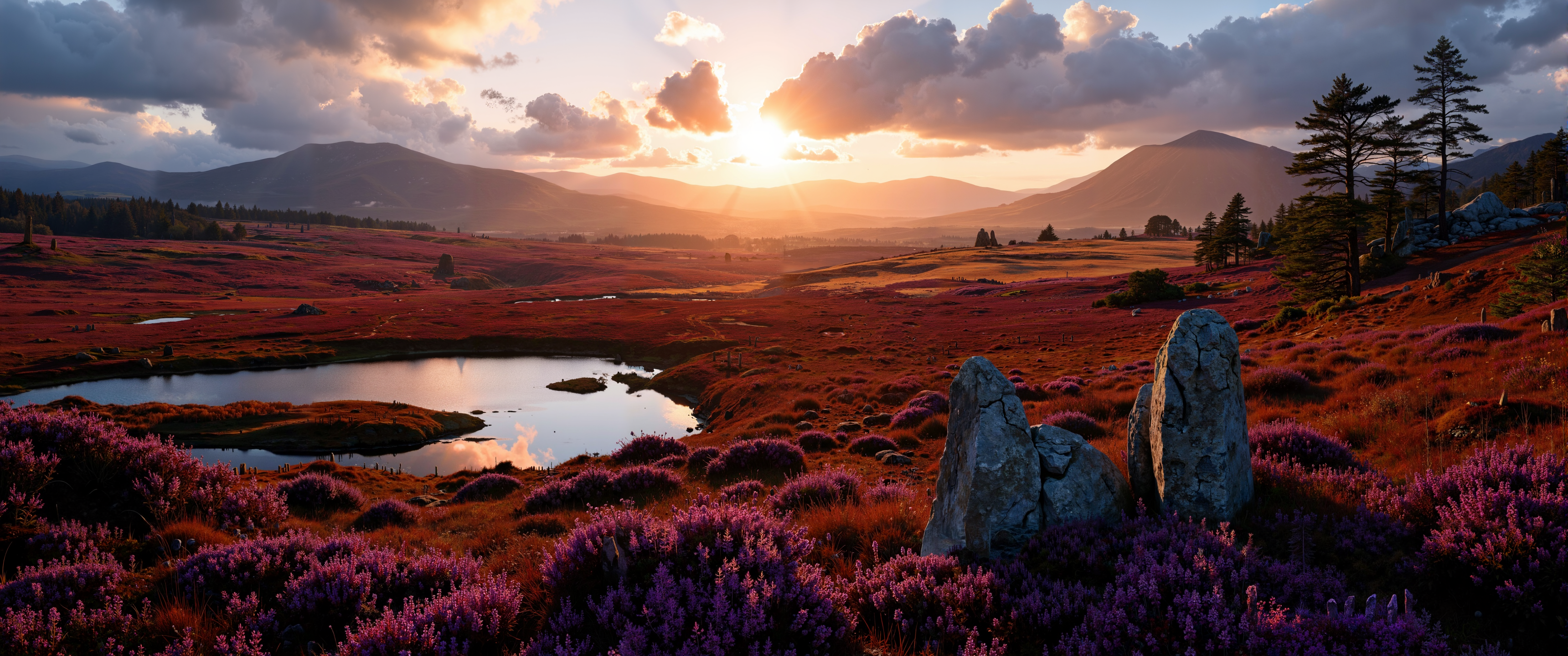 Aerial twilight over a sweeping highland moor, vast peat bogs catching golden-crimson light in their dark pools. Scottish heather blooms in rich purples against amber-bathed terrain, while distant mountains wear shrouds of indigo shadow. Crepuscular rays pierce scattered cloudbanks, creating dynamic light corridors across the rugged landscape. Ancient standing stones cast long shadows, their weathered surfaces glowing with warm ochre tones. Wisps of evening mist curl between gnarled Scots pines at the periphery. Atmospheric perspective creates layered depth, each ridge fading through spectrum of ultramarine to lilac. Painterly textures with visible brushwork reminiscent of classical romantic landscape tradition. Dramatic chiaroscuro, hyper-detailed foliage, photo-realistic light scattering, 8K resolution, golden hour illumination, atmospheric volumetrics, moody grandeur. <lora:Illustration concept Variant 3A:0.7> <lora:Bruce Holwerda:0.3> <lora:flux_dev:1>