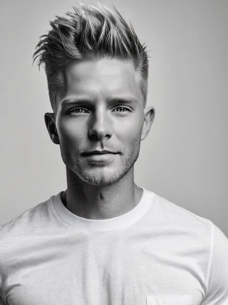 <lora:é²å䏿´¾@é»ç½æå½±SDXL:1>Black and white photographyï¼Gen X males, whites, Americans, direct looking. Casual, wear a simple T-shirt and jeans. Happy and carefree. At home, in a well-lit living room. Use of hair masks, ((Master work: 1.5), National Geographic Photos, Award Winning Photos, Realism, Excellent Work, Highest Quality, Rich Detail, Panorama, Clarity, High Contrast. (Film Grain: 1.4), Film Lighting, Face Close-up, Clear Pores, Monochrome Background (Realistic: 1.2), Best Quality, Masterpiece, Ultra High Resolution. ï¼