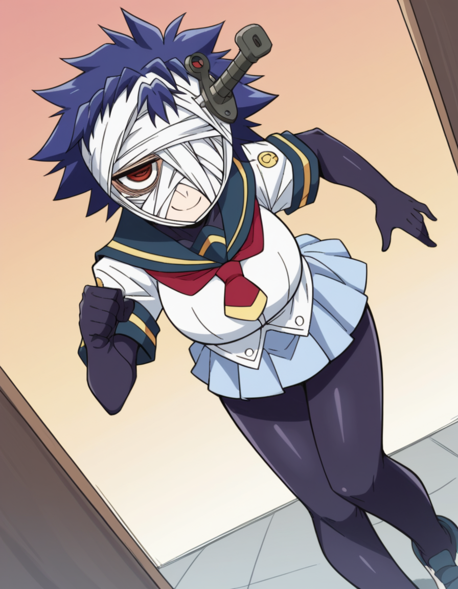 score_9, score_8_up, score_7_up, source_anime, <lora:youka-naze-s2-ponyxl-lora-nochekaiser:1>, youka naze, short hair, large breasts, red eyes, blue hair, bandages, bandage over one eye, skirt, school uniform, pantyhose, serafuku,, suburban neighborhood, morning jog, earphones, running shoes, fresh air, sunrise, smile, bent over, smug,, looking at viewer, solo,, dutch angle, cowboy shot