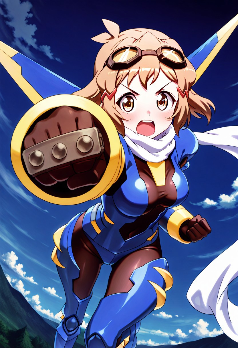 masterpiece,best quality,amazing quality,very aesthetic,absurdres,newest, 1girl, outdoor, sky, cloud, flying, dark sky, night time, incoming punch,
tachibanahibiki, 1girl, short hair, hairclip, brown hair, hairclip, ,brown eyes,
junk warrior cosplay, junk warrior(cosplay), cosplay, tachibanahibiki cosplaying as junk warrior, tachibanahibiki(cosplay, junk warrior),
1girl, goggles on head, white scarf, mecha musume, personification, genderswap \(mtf\), blue armor, blue armored gloves, blue armored thigh boots, mechanical wings, blue helmet, brass knuckles, black bodysuit,
