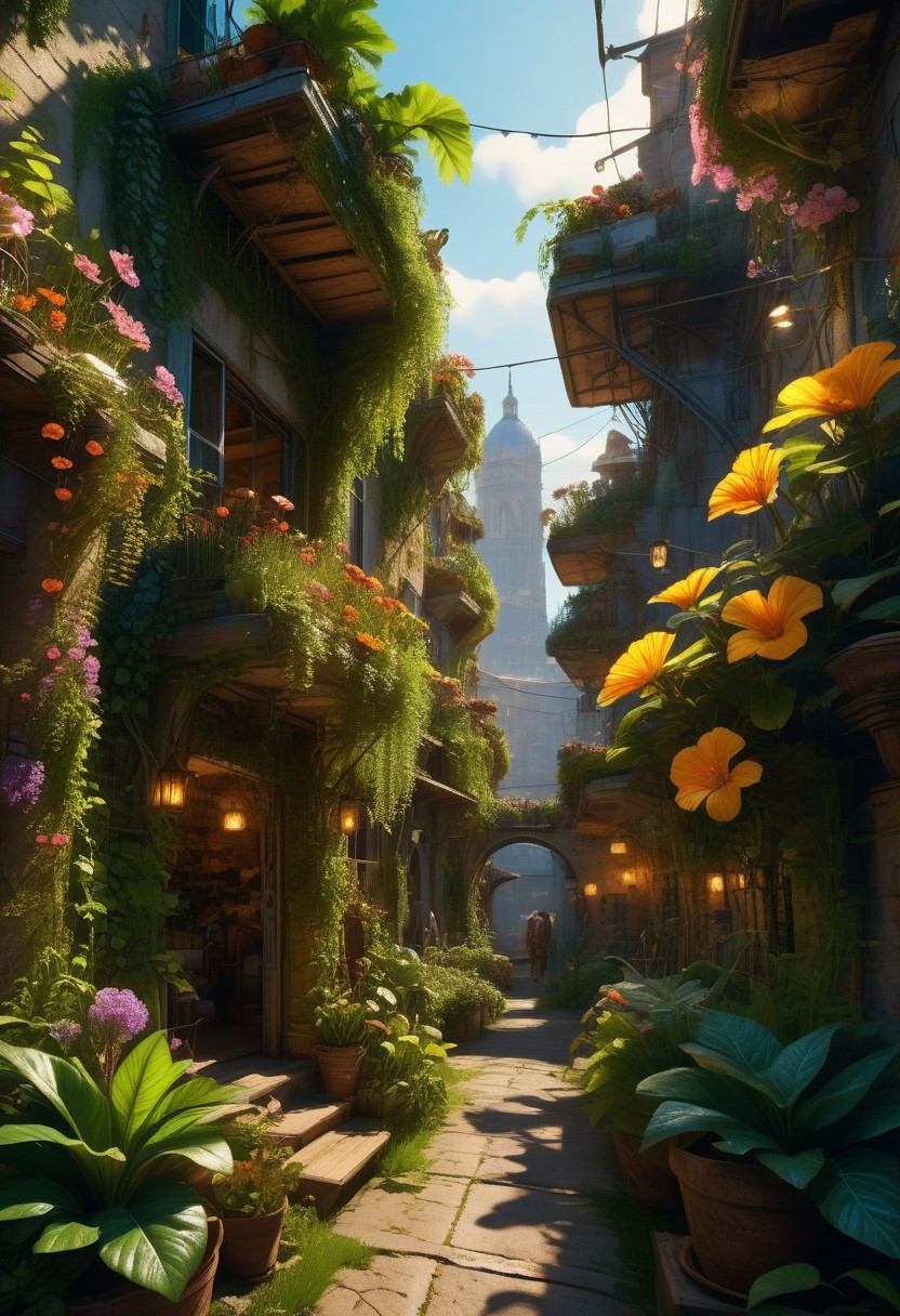 verdant utopia with lush green rooftops and solar panels, citizens living harmoniously with nature, streets filled with sustainable markets and eco-friendly transportation, towering structures covered in vertical gardens, air filled with the scent of fresh flowers and greenery, distant sounds of birdsong and gentle wind chimes, use of 'photorealistic', '8k', 'hyper-detailed', 'solarpunk', 'ambient lighting' for a natural glow, 'depth of field' for immersive effect, 'HDR' for realistic lighting effects