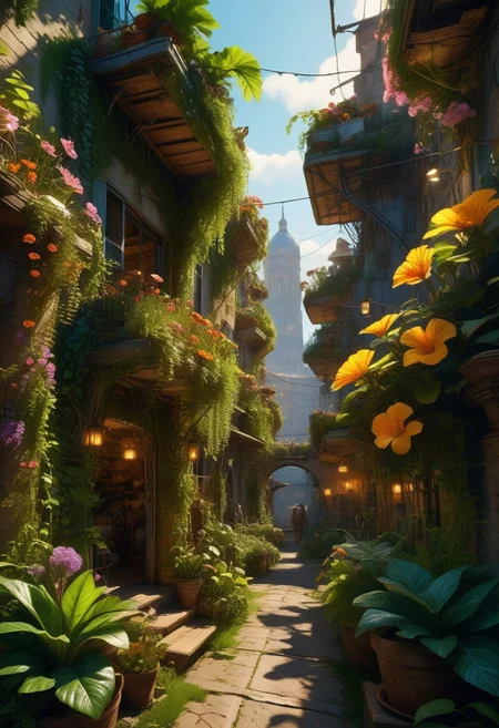 verdant utopia with lush green rooftops and solar panels, citizens living harmoniously with nature, streets filled with sustainable markets and eco-friendly transportation, towering structures covered in vertical gardens, air filled with the scent of fresh flowers and greenery, distant sounds of birdsong and gentle wind chimes, use of 'photorealistic', '8k', 'hyper-detailed', 'solarpunk', 'ambient lighting' for a natural glow, 'depth of field' for immersive effect, 'HDR' for realistic lighting effects