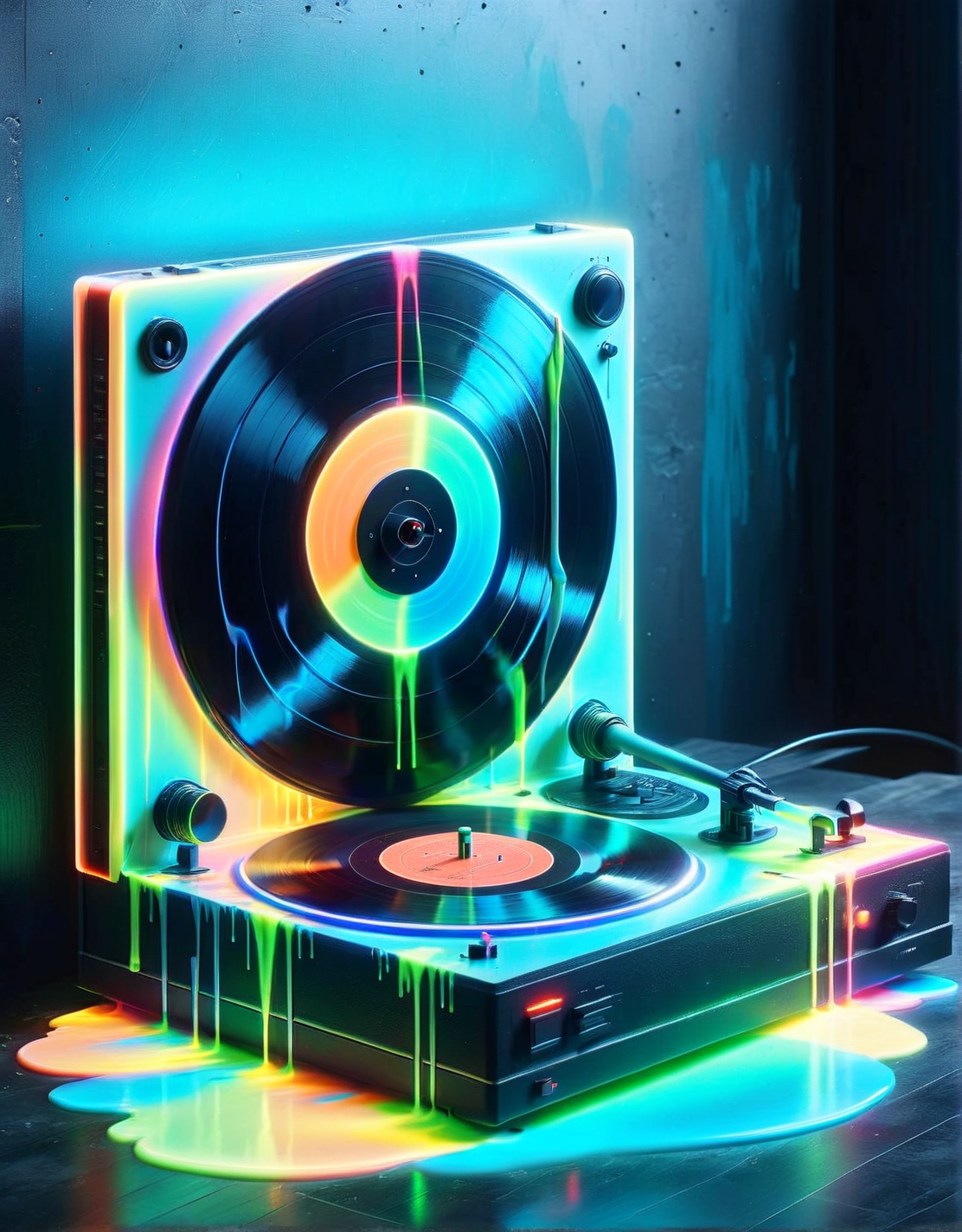 A vintage vinyl record player, with the disc emitting a soft blue ais-nnsplsh as it spins, casting a dance of colors on the walls. <lora:ais-nnsplsh-sdxl:1>