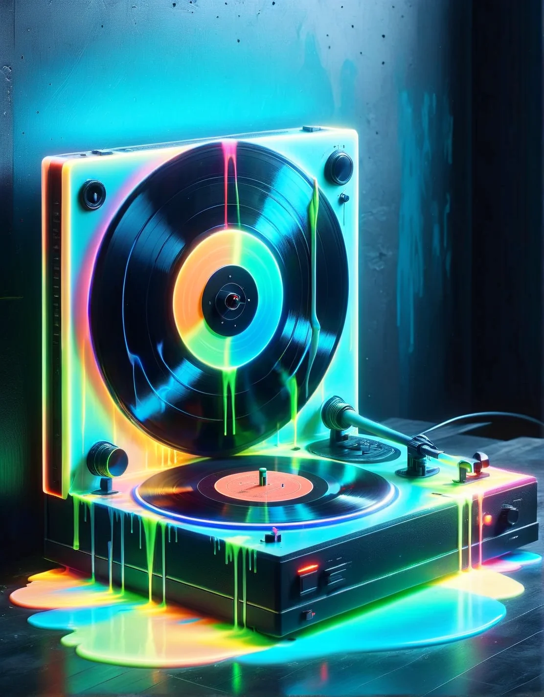 A vintage vinyl record player, with the disc emitting a soft blue ais-nnsplsh as it spins, casting a dance of colors on the walls. <lora:ais-nnsplsh-sdxl:1>