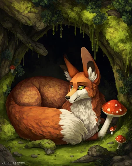 <lora:ck-LttleGhost-000011.safetensors:1> in the style of ck-lttlegh0stA majestic red fox reclines in a moss-covered cave entrance surrounded by lush greenery and fantastical mushrooms. The artist's meticulous brushstrokes capture the softness of its fur and its contemplative expression. The atmosphere is heavy with earthy scents and an otherworldly energy.