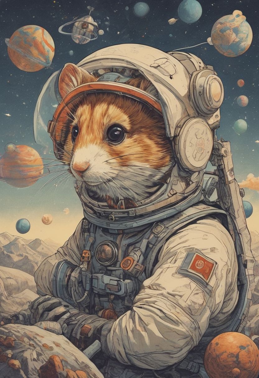 Hamster in astronaut gear, floating in a tiny cardboard spaceship, stars and planets drawn on the wall 
(masterpiece, award winning artwork)
many details, extreme detailed, full of details,
Wide range of colors, high Dynamic
 <lora:xl_more_art-full_v1:0.65> 
 <lora:InkArtXL_1.2:0.8> ink art, line art 
<lora:EldritchMixIllustration_1.0:0.25>
 <lora:xray:0.21>
