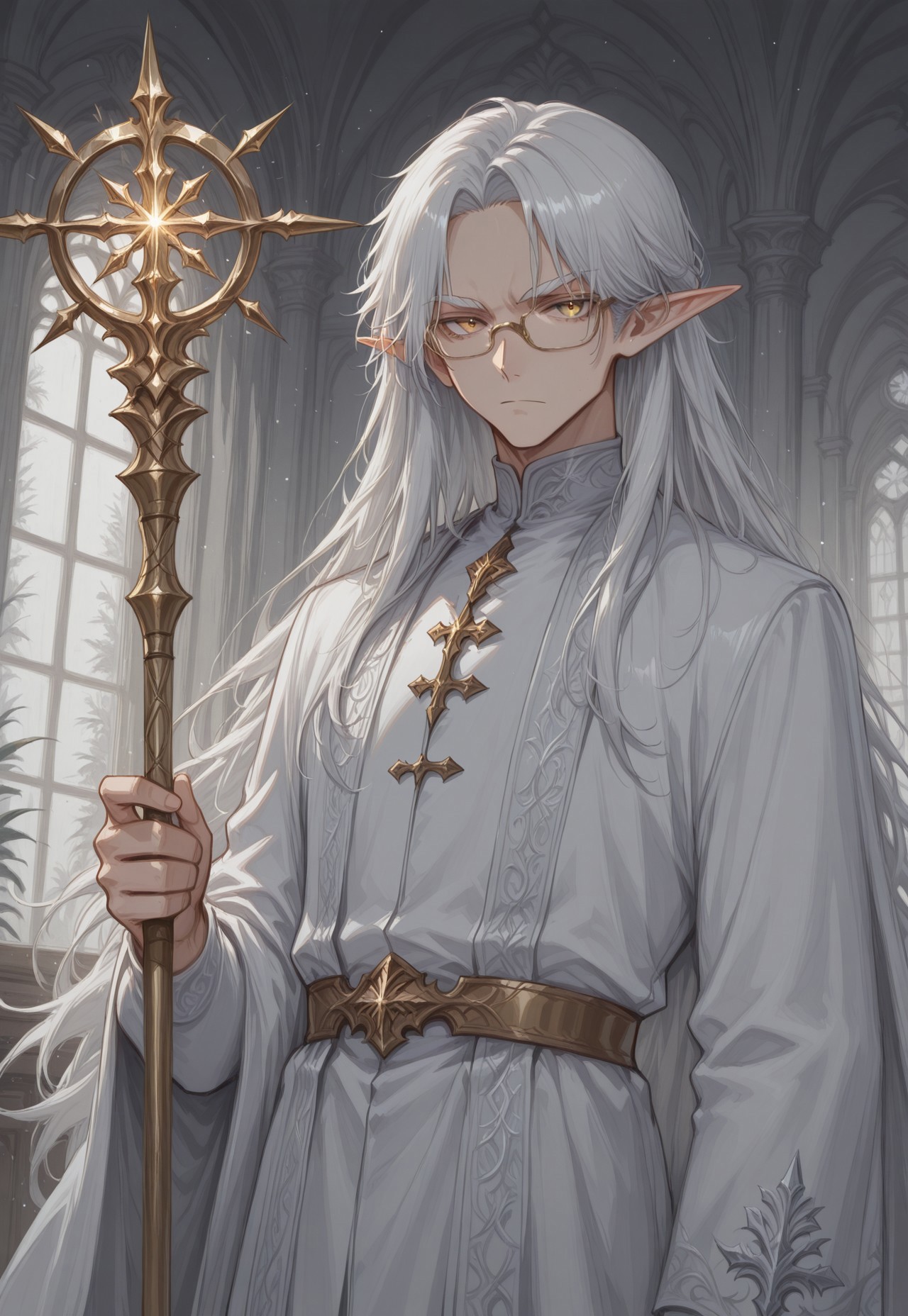 incredibly absurdres, highres, masterpiece, newest, painterly, no lineart, blending, dutch angle, detailed eyes, golden eyes, beautiful eyes, solo, 1boy, glasses, ElionFrostfell, indoors, holding staff, light particles, staff, magic, serious, clothed, long hair